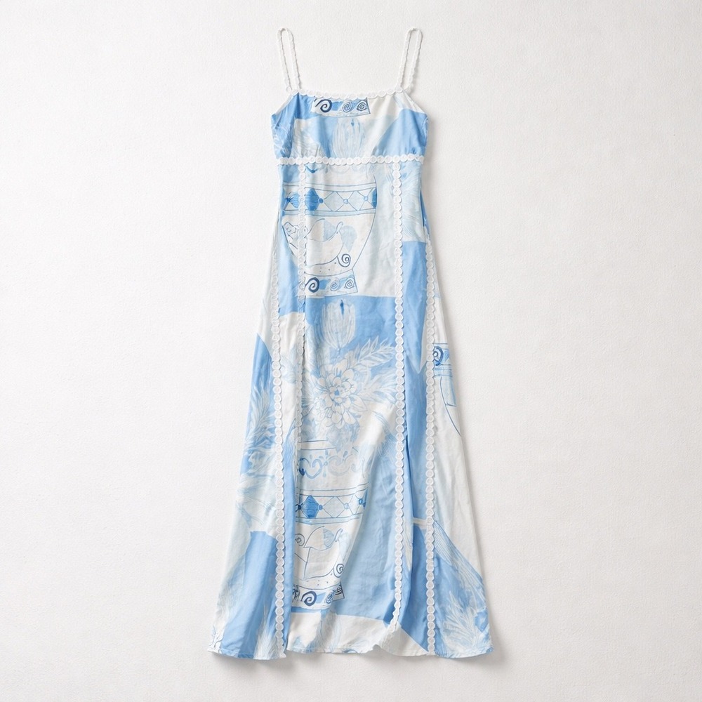 Retro 70s Festival Hippie Boho Blue Linen Blend Maxi Dress Ric Rack Trim Tie M